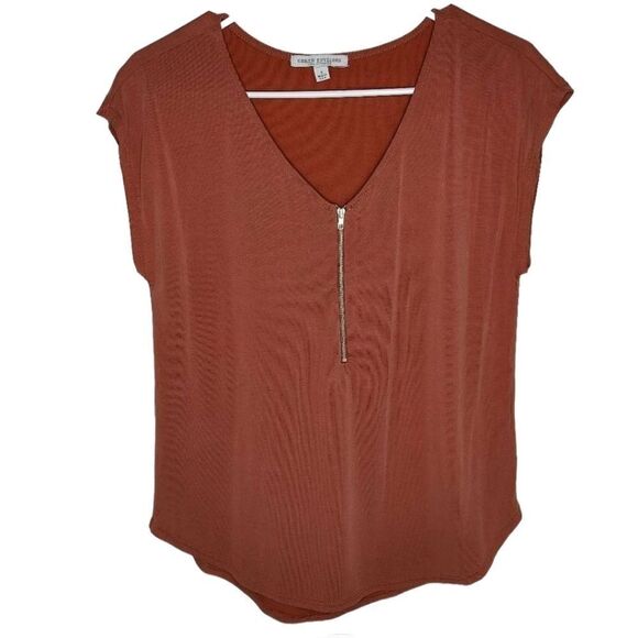 3 for $30 Green Envelope Orange Quarter Zip Short Sleeve Loose Fit Blouse Top - Picture 1 of 10